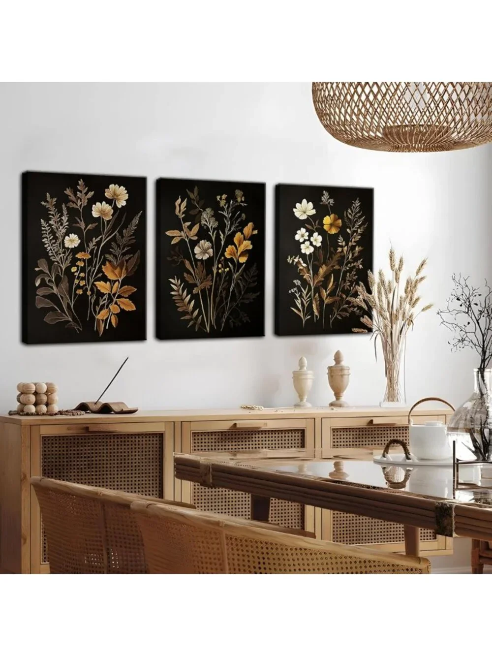 Set of 3 Vintage Black Floral Wall Art Prints - Dark Academia Botanical Decor